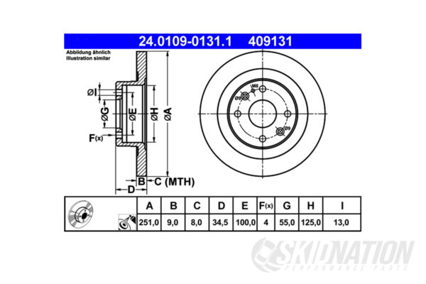 Mazda MX-5 251mm ATE Rear Brake Disc dimensions