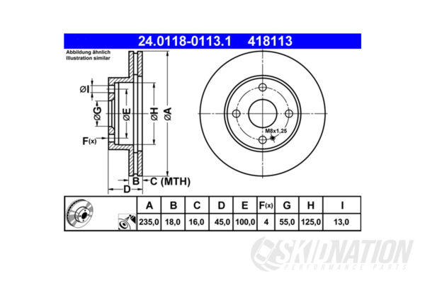 Mazda MX-5 235mm ATE Front Brake Disc dimensions