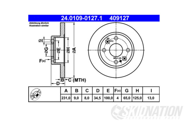 Mazda MX-5 231mm ATE Rear Brake Disc dimensions